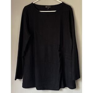 DG2 Diane Gilman Drape Front Pleated Side Top Shirt Black Long Sleeve Knit 1X